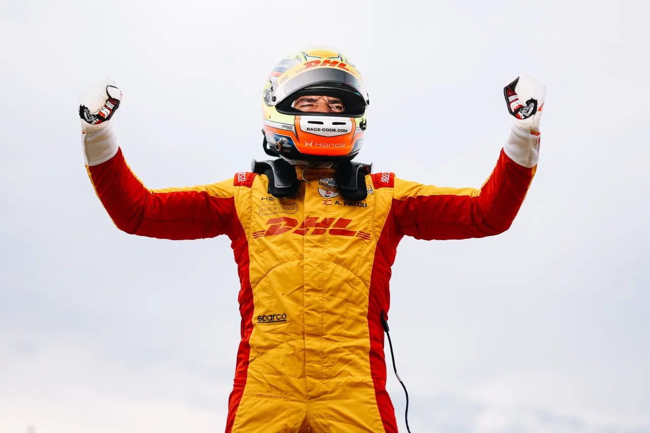 Alex Palou celebrates his fifth IndyCar championship victory at the Milwaukee Mile