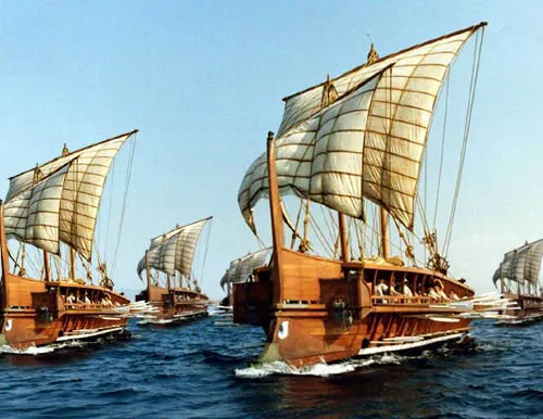 Ancient trireme warship model illustrating classical Mediterranean naval architecture and design