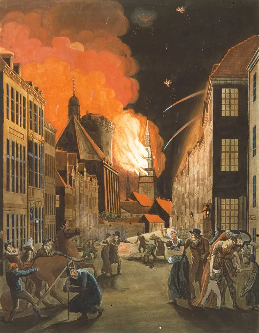 Historic depiction of the 1807 British bombardment during the Battle of Copenhagen