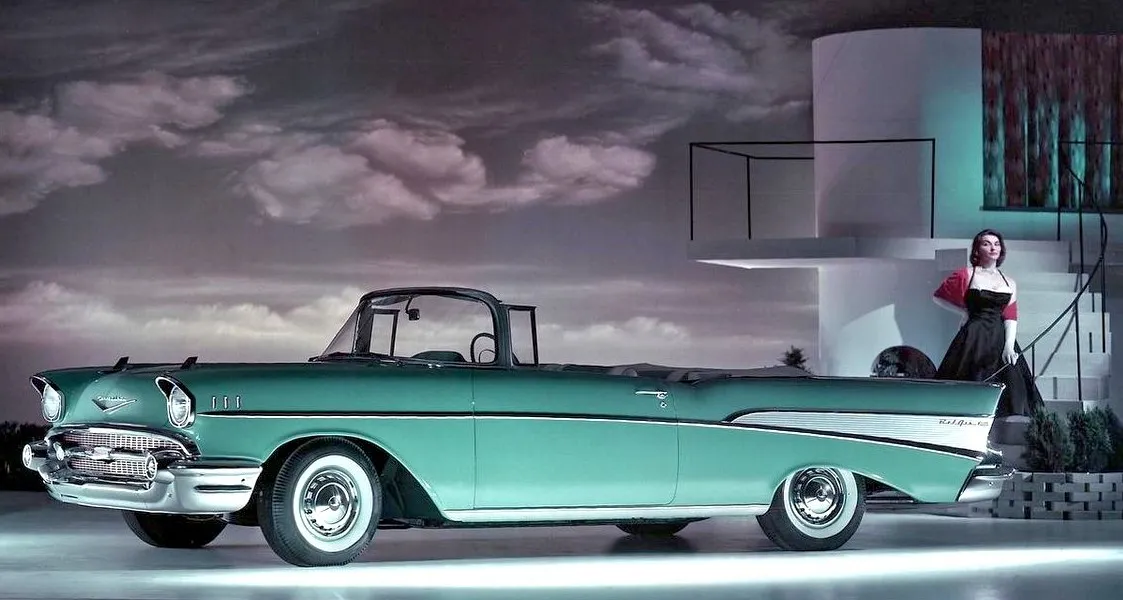Classic Chevrolet Bel Air parked on a scenic highway representing American automotive history
