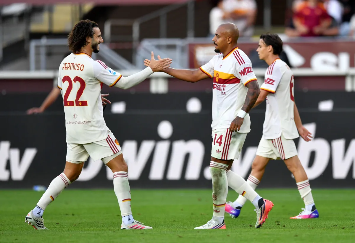 Donyell Malen celebrates scoring for Roma during their Serie A match against Torino