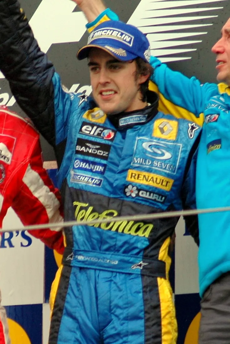 Fernando Alonso celebrates championship success for Renault during the 2005 Formula One season
