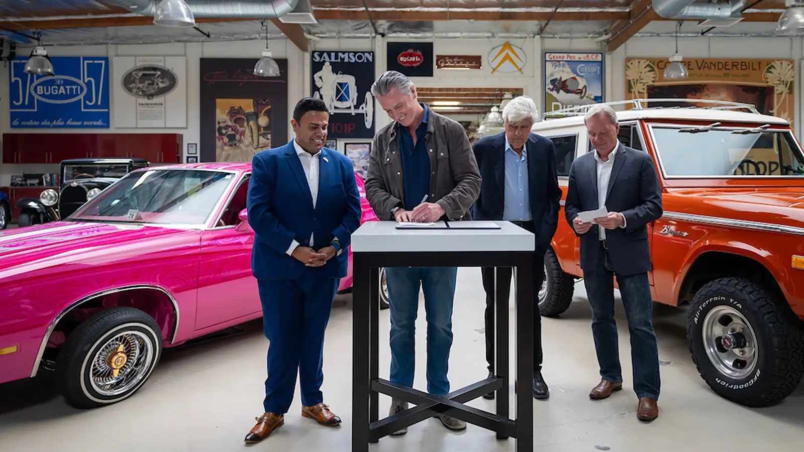 Governor Gavin Newsom and Jay Leno celebrate the historic signing of Leno's Law in California