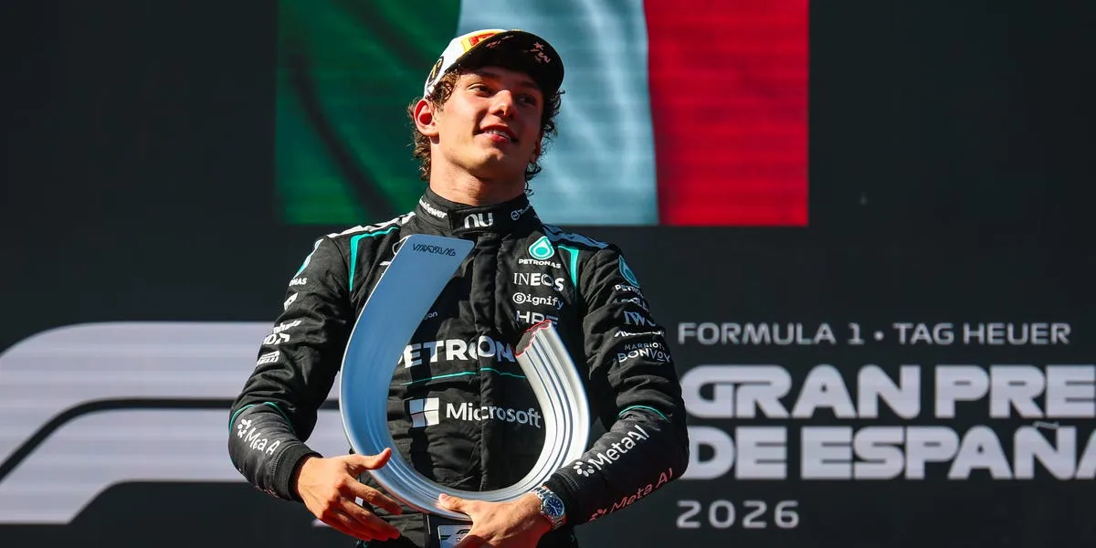 Kimi Antonelli celebrates his eighth Formula One victory of the season at the inaugural Madring race