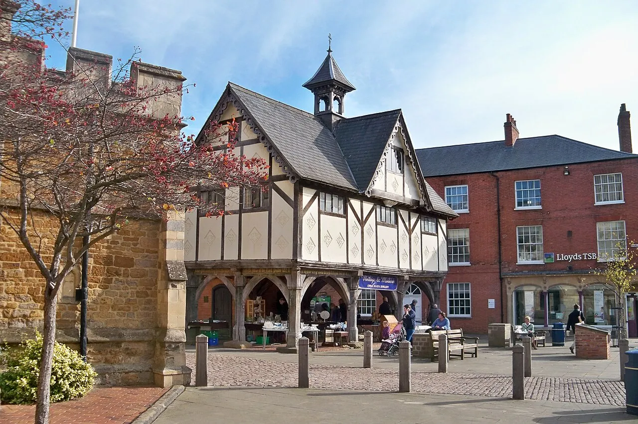 Historic street view and landmarks of Market Harborough in Leicestershire England