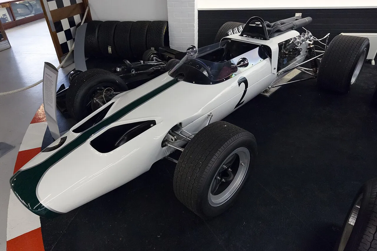 McLaren M2B on display showcasing its historic design and white livery