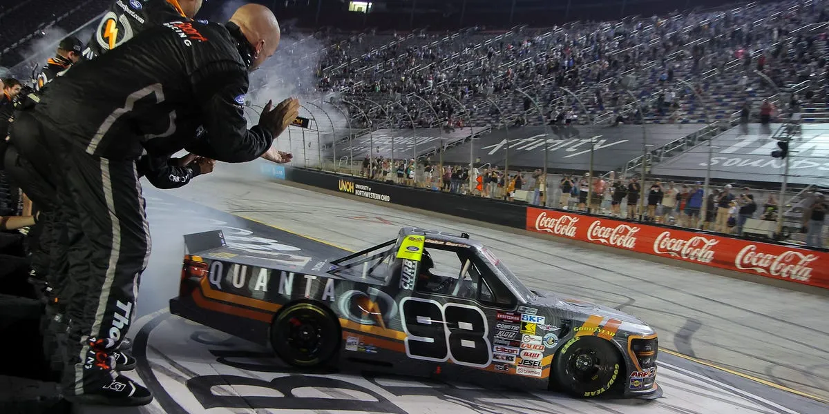 Jake Garcia celebrates his first career NASCAR Truck Series victory amidst playoff chaos at Bristol