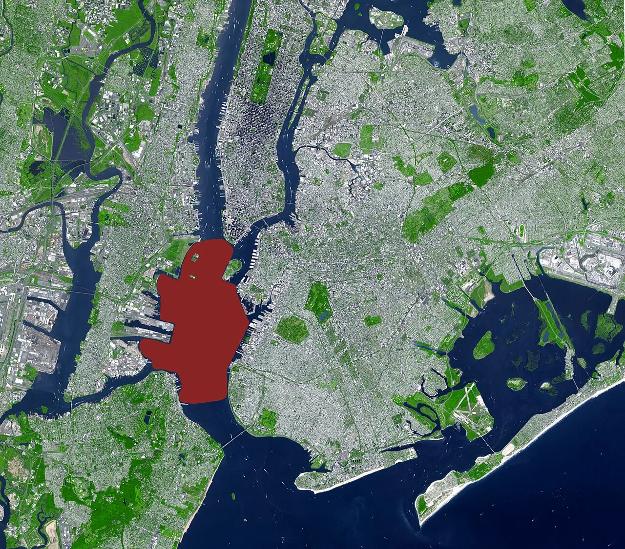 Iconic view of New York Harbor showcasing the historic waterfront and bustling maritime traffic