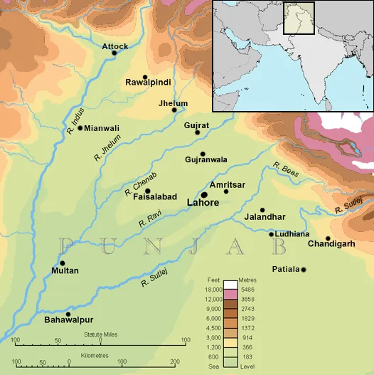 Punjab historic region spans across modern Pakistan and northwestern India along five rivers