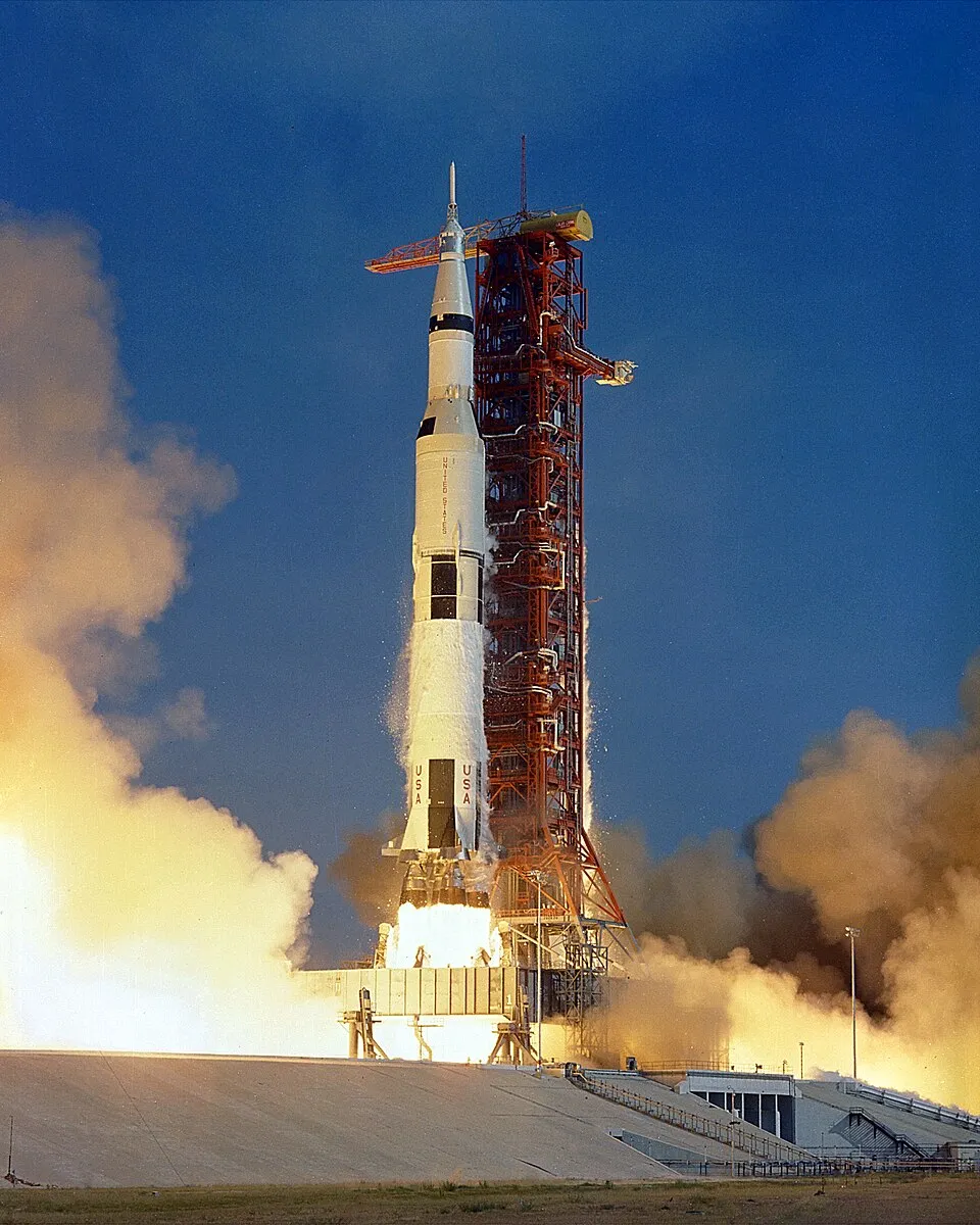 Saturn V rocket stands ready for launch at Kennedy Space Center during the Apollo program