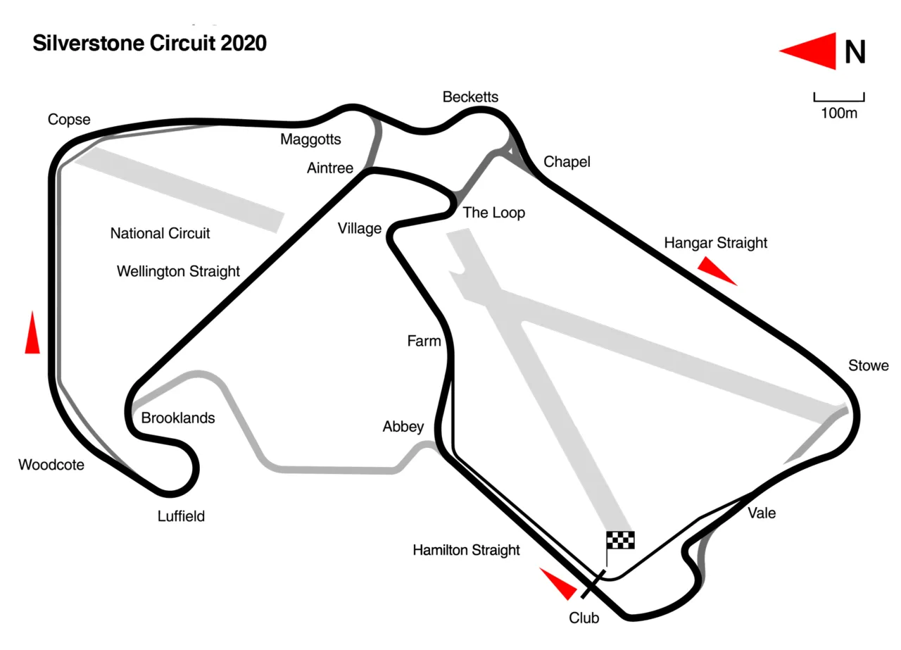 Silverstone Circuit aerial view showing the legendary British Grand Prix racing track