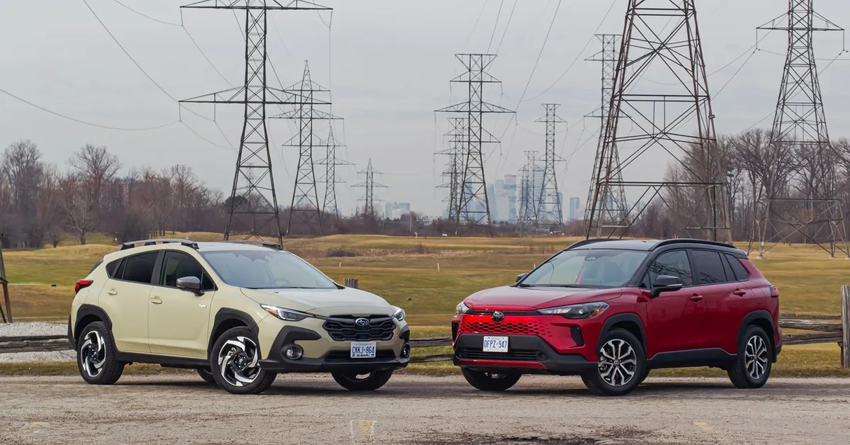 Subaru Crosstrek Hybrid and Toyota Corolla Cross Hybrid parked side by side for a comprehensive road test